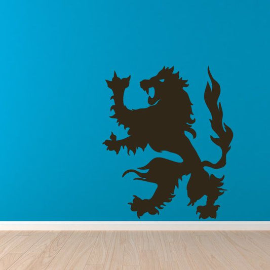 Flaming lion decal, dark lion silhouette with stylized flames near tail and mane