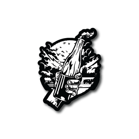 Vinyl sticker with black-and-white illustration of a flaming molotov cocktail bottle