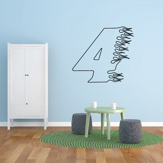 Number 4 vinyl decal with flame details, outlined in dark color, teal flame accents