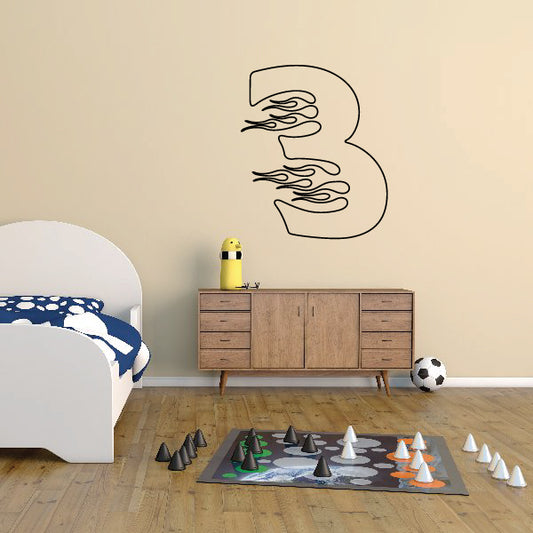 Flaming Number 3 vinyl decal with black outline and flame design