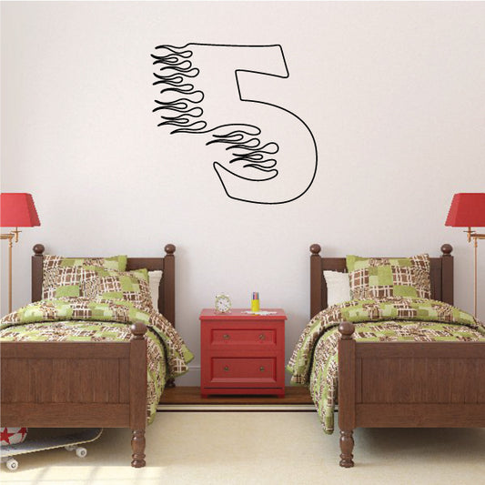 Vinyl number 5 decal with flame design, black outline on light background