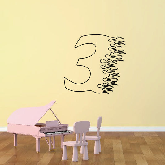 Flaming number 3 wall decal with outline and flame tips on the right