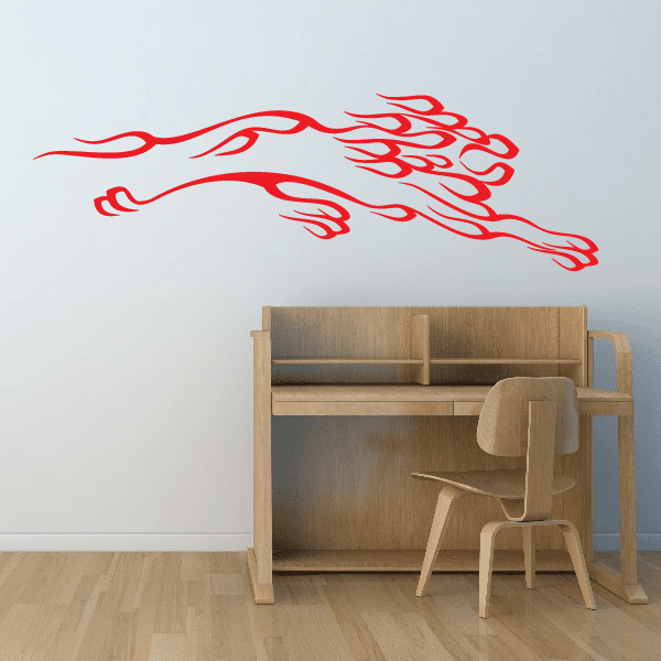 Red flaming panther wall decal with flowing flame lines, outlined with white highlight