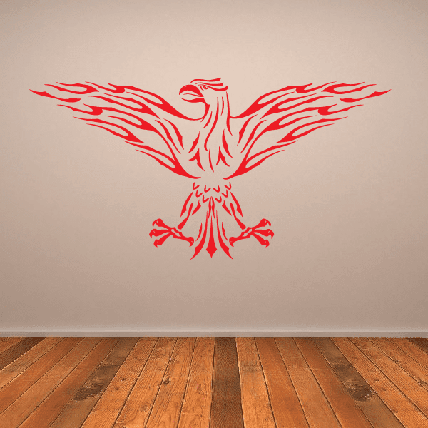 Flaming phoenix wall decal with red flame wings and white body, centered design