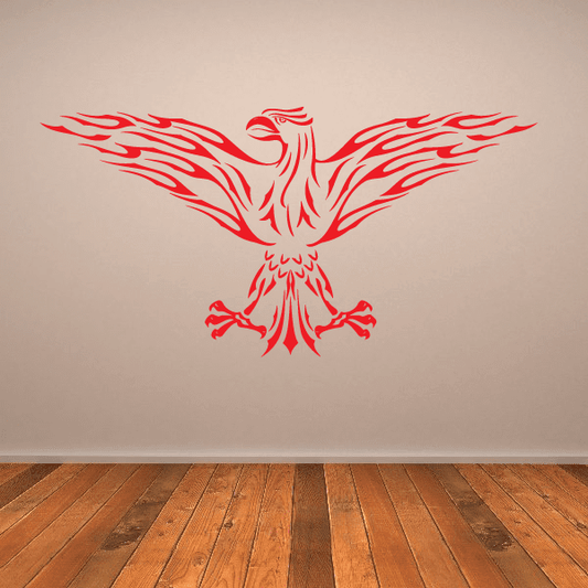Flaming phoenix wall decal with red flame wings and white body, centered design