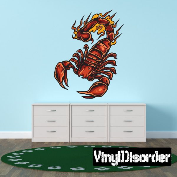 Flaming scorpion sticker with red and orange fire graphic