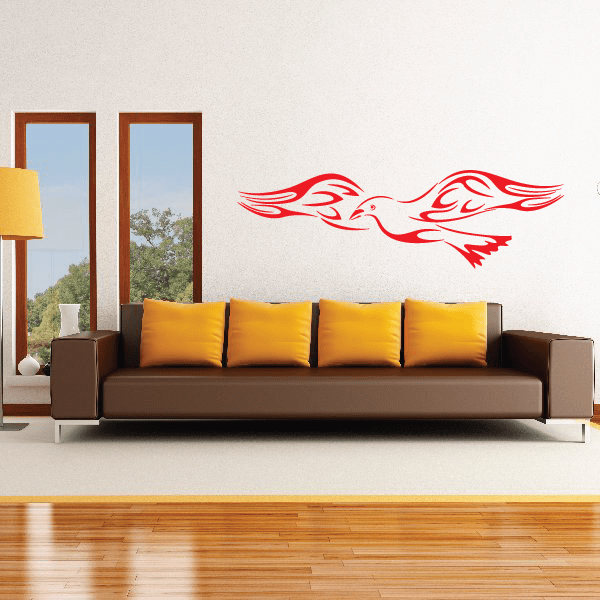 Flaming seagull wall decal, red outline with flame details