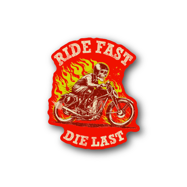 Vinyl sticker of flaming skeleton on motorcycle with 'Ride Fast, Die Last' text