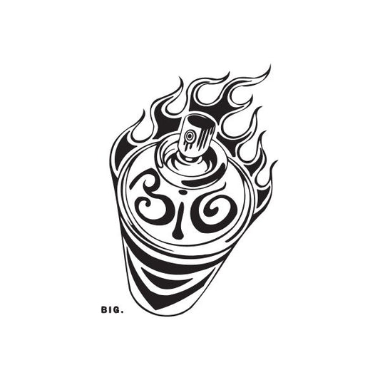 Flaming spray paint can decal, black-and-white skull flame graphic with swirl lines