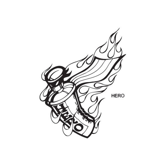 Flaming spray paint can hero decal in black line art with flame outline and HERO text