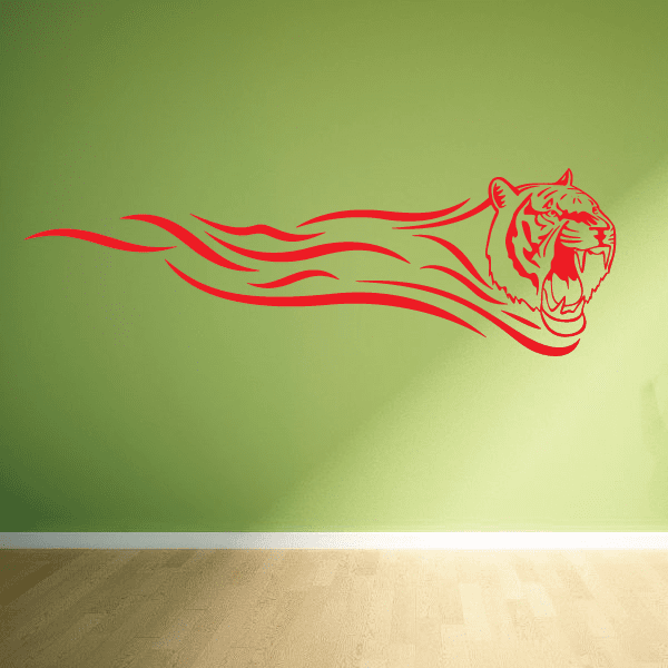 Flaming tiger decal with red roaring head and trailing flame stripes
