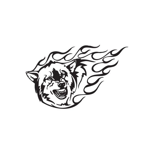 Timber wolf head decal with black-and-white flame design