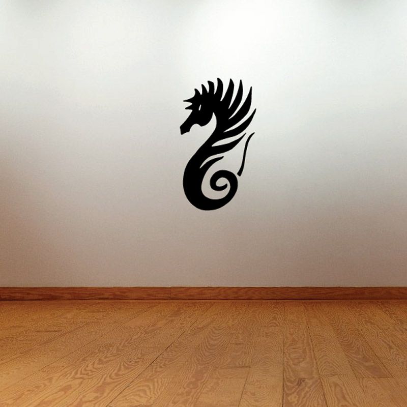 Black flared-mane seahorse wall decal, stylized fins and swirl tail.