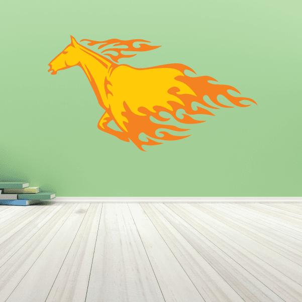 Fire horse sticker with orange-yellow flame tail and mane