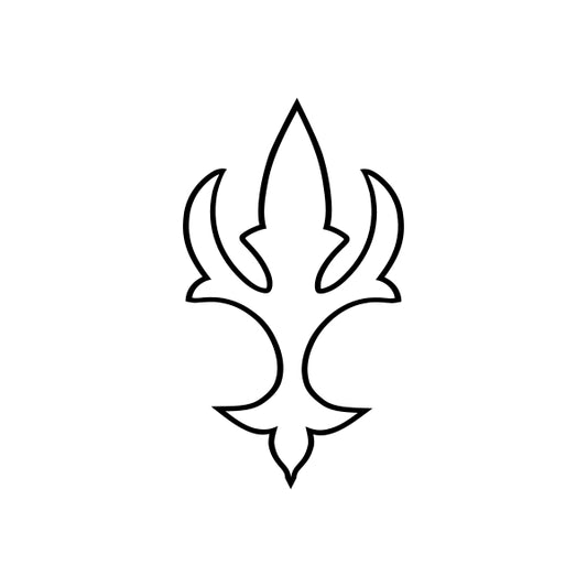 Fleur de lis decal with large central spear and curved side petals, black outline.
