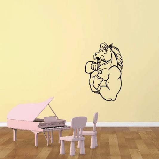 Muscular horse flexing decal with outlined face and raised fist