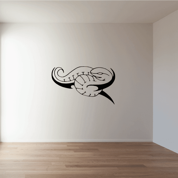 Flinching snake wall decal, black and white line art with snarling head