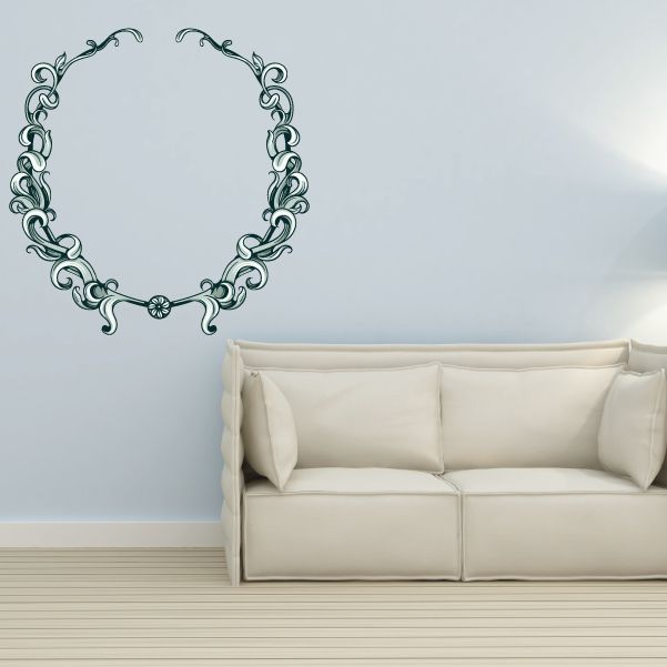 Ornate teal floral crest wall decal with circular scrollwork border