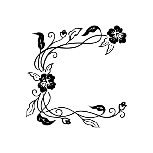 Floral frame decal with corner scrolls and small blossoms, black outline