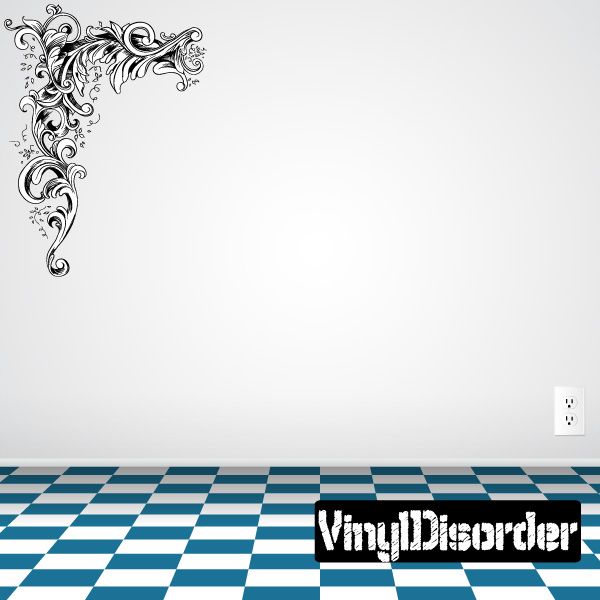 Floral frame wall decal with ornate black scroll corner design