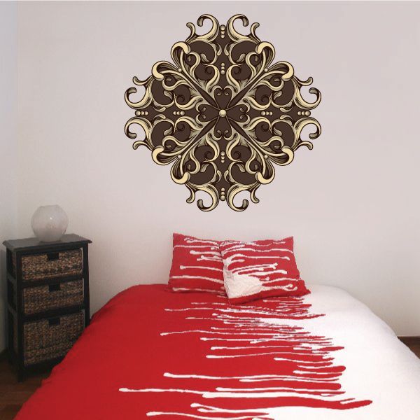 Ornate floral round wall decal in black and gold, decorative vine scroll pattern