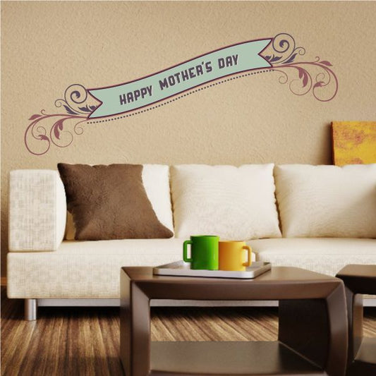 Happy Mother's Day wall decal with floral leaf accents and curved ribbon banner
