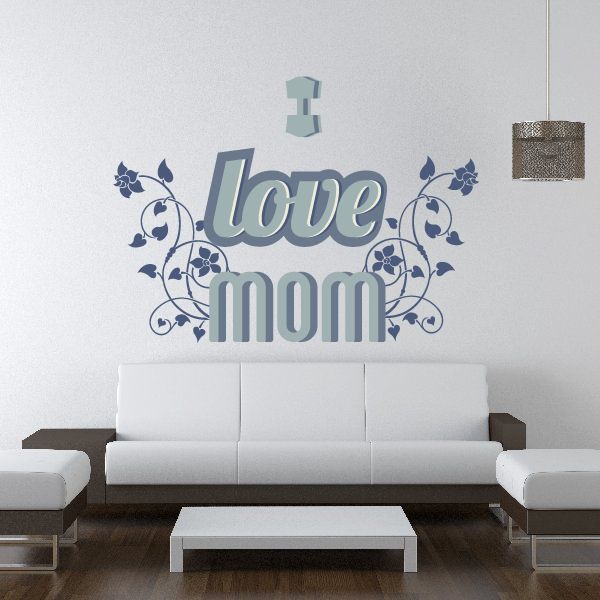 Wall decal with blue Love Mom lettering and floral vine accents