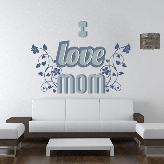Wall decal with blue Love Mom lettering and floral vine accents