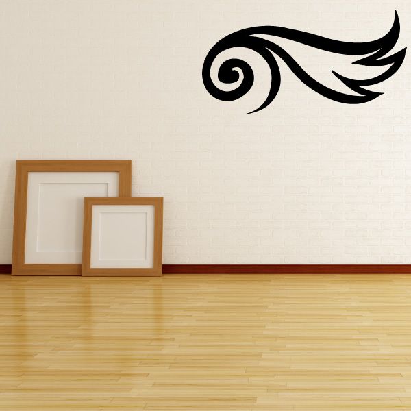 Ornate black vinyl wall decal with sweeping swirl and feathered flourishes