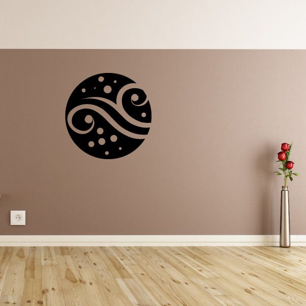 Black circular vinyl wall decal with yin-yang swirls and dotted pattern