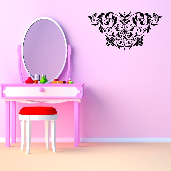 Ornate black floral damask wall decal with decorative corner flourishes