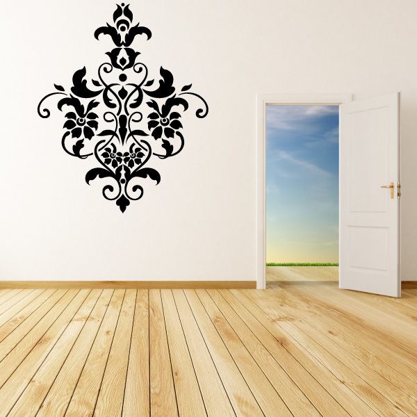 Ornate black floral damask wall decal with symmetrical scrollwork design