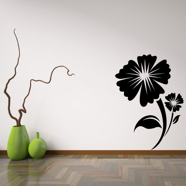 Floral wall decal with large black flower and small blossom, vinyl wall sticker design