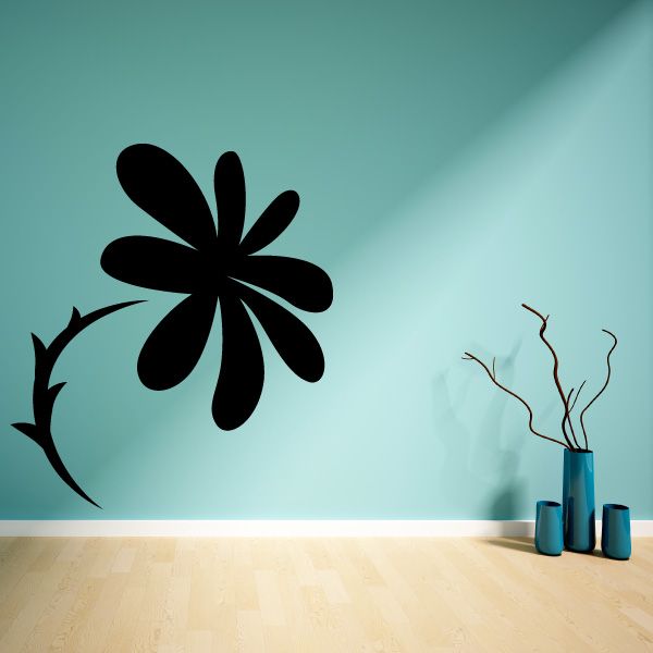 Black floral damask wall decal with large flower and curved vine