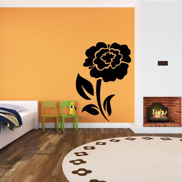Floral damask wall decal with black flower and curved stem, vinyl design