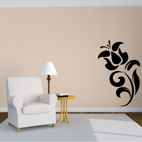 Black floral wall decal with scrolling damask-style motif