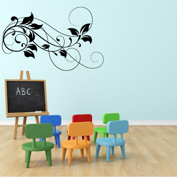 Black floral vine wall decal with scrollwork leaves and swirls, vinyl