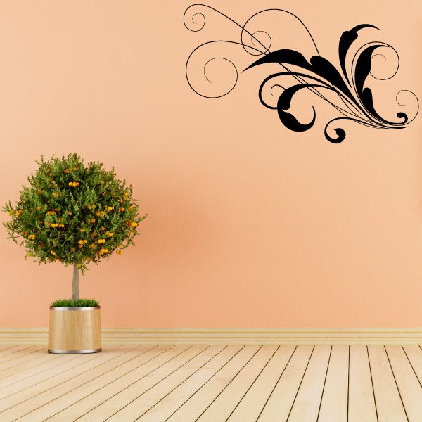 Floral damask wall decal with black swirling vines and ornamental flourishes