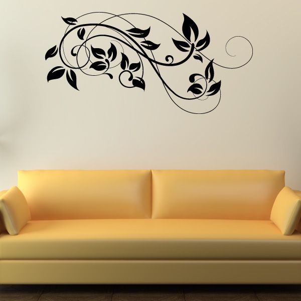 Floral damask wall decal with black vine and swirling leaves