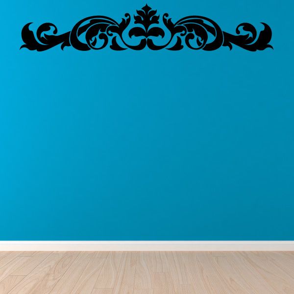 Black ornamental floral damask wall decal with scrollwork border, vinyl sticker