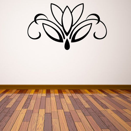 Floral damask wall decal with black lotus flower and swirling scroll accents