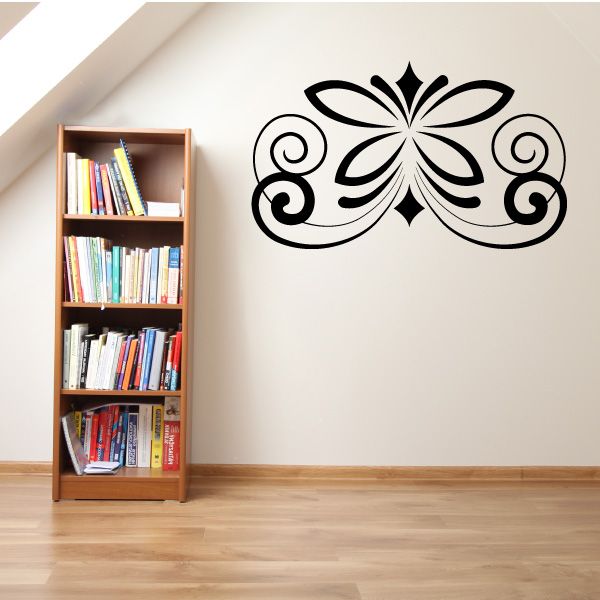 Floral damask wall decal featuring a black symmetrical butterfly-like flower with swirling scrolls