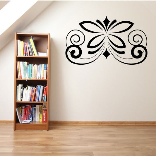 Floral damask wall decal featuring a black symmetrical butterfly-like flower with swirling scrolls