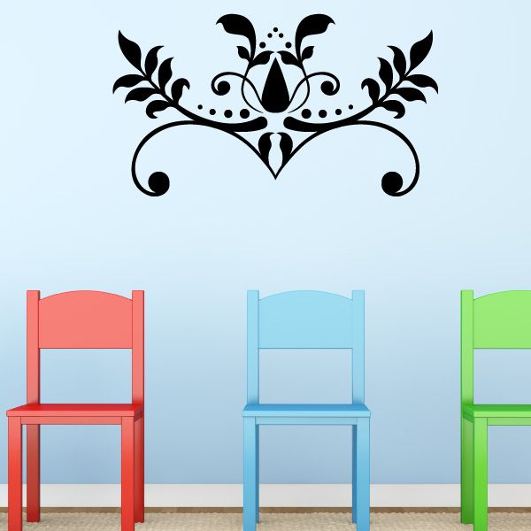 Floral damask wall decal with black ornate butterfly and scrollwork