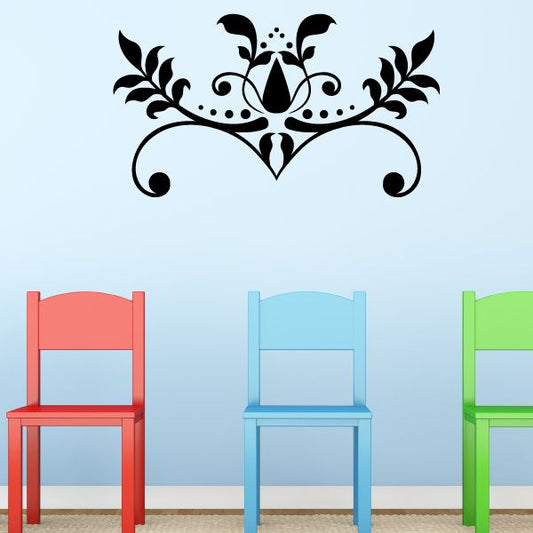 Floral damask wall decal with black ornate butterfly and scrollwork