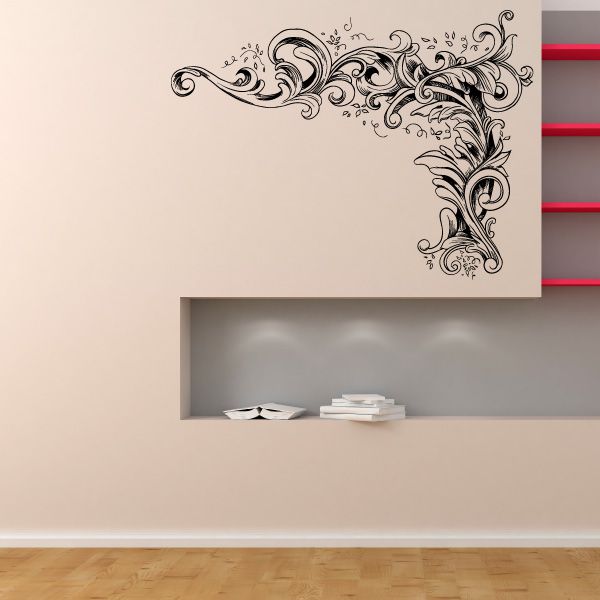 Vinyl wall decal with ornate black floral scroll corner design