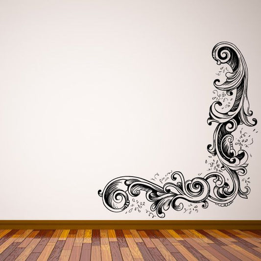 Ornamental black corner wall decal with scrolling floral design