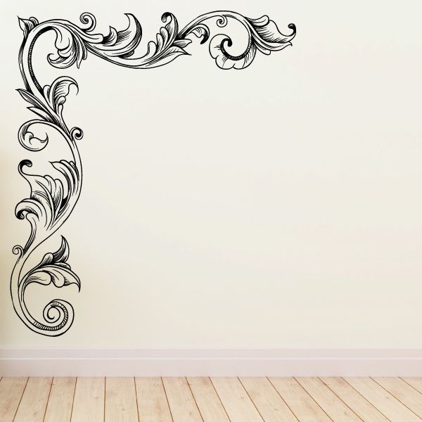 Ornate black floral corner wall decal with swirling scrollwork