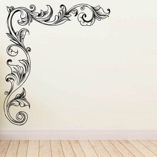 Ornate black floral corner wall decal with swirling scrollwork