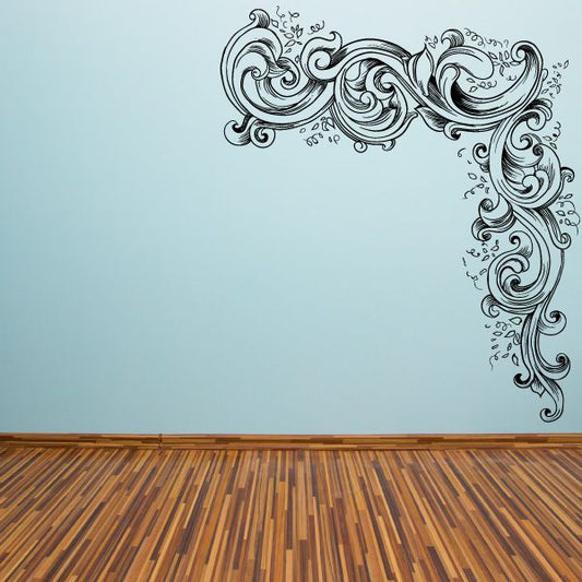 Ornate floral scroll corner vinyl wall decal with dark swirling vines